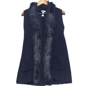 Style &‎ Co Wool Thick Cable Knit Faux Fur Trim Open Cardigan Tunic Black Sz XS